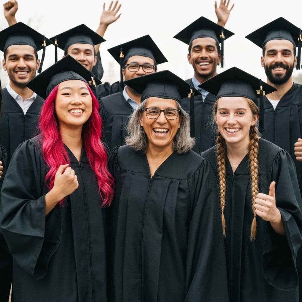 Diverse graduates celebrating in graduation caps and gowns
